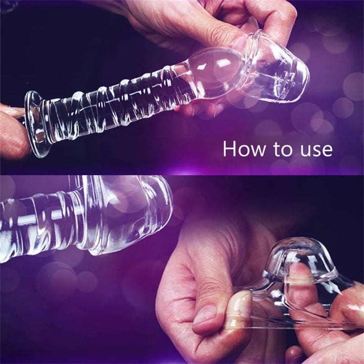 How to use directions image showing a man stretching a clear glans cap over the tip of a fake penis to show how to put it on.