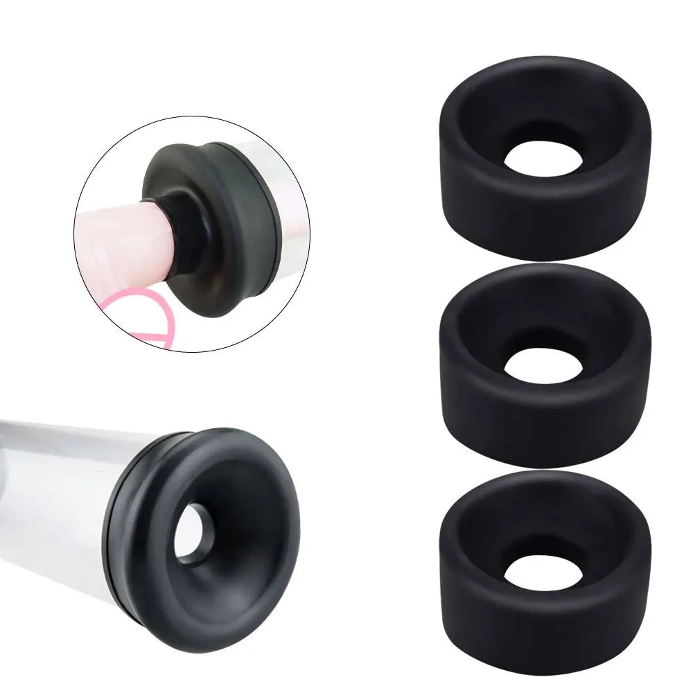 An image showing a thin flexible silicone sleeve on a penis pump cylinder identifying where it should be attached, and three side silicone sleeves and a sleeve on a cylinder by itself