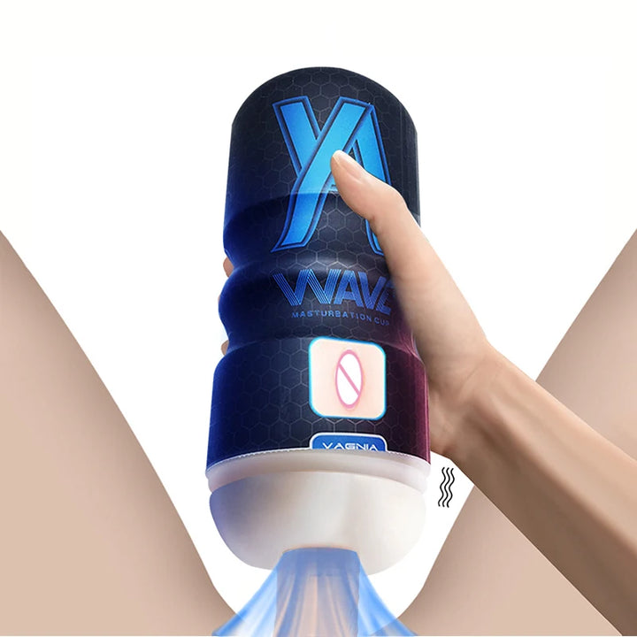Illustration of a hand holding a blue and black masturbation cup device on a white background