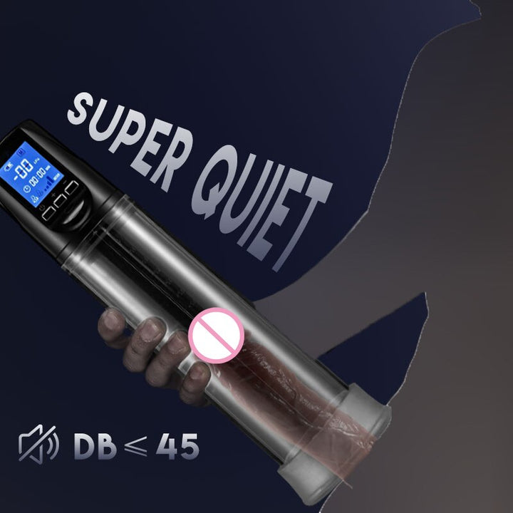 Man using an electric, air penis pump with black LCD remote control panel showing how quiet the motor is at less than 45 decibels