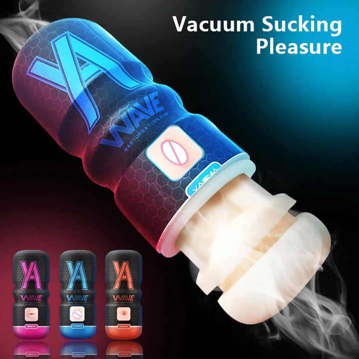 A cylindrical cup device with a tight flesh colored sucking inner piece for masturbation with the words "Vacuum Sucking Pleasure"