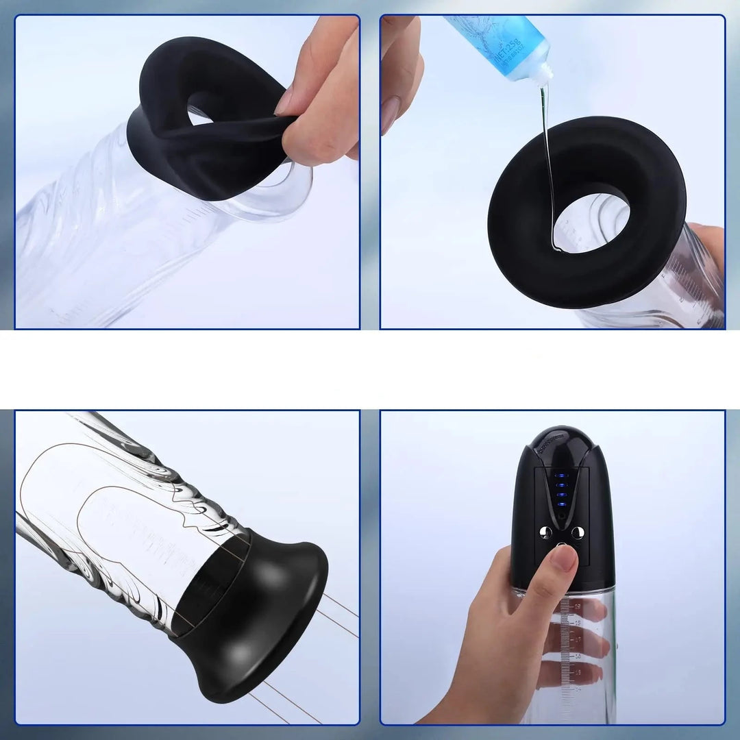 An image showing four steps to using the electric air penis pump series C
