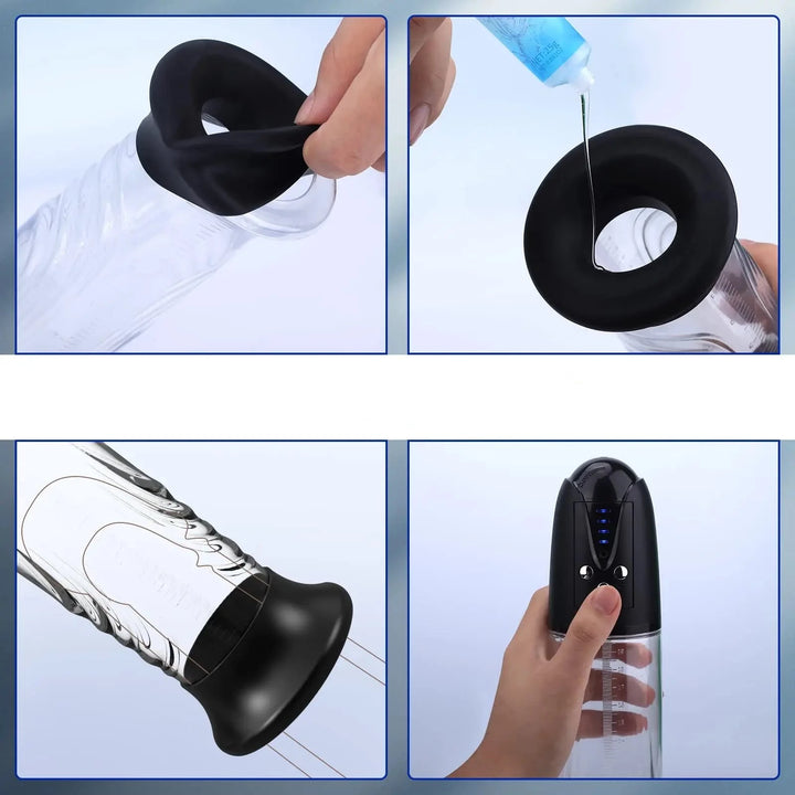 An image showing four steps to using the electric air penis pump series C