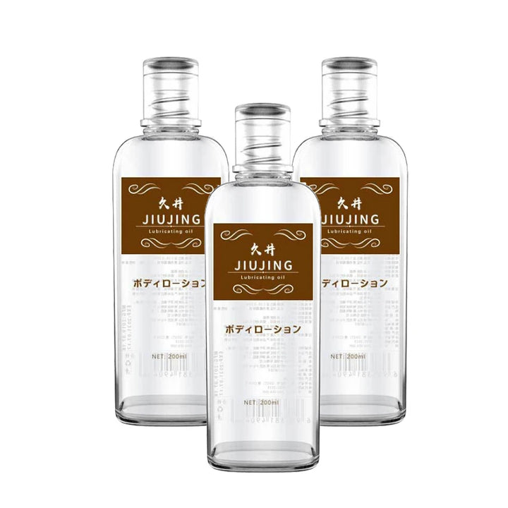 Three bottles of JiuJing personal water-based sex lubricant gel in different sizes, with labels indicating the brand and product information.