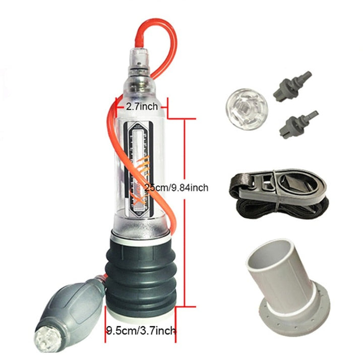 Large water penis pump with measurements and package components