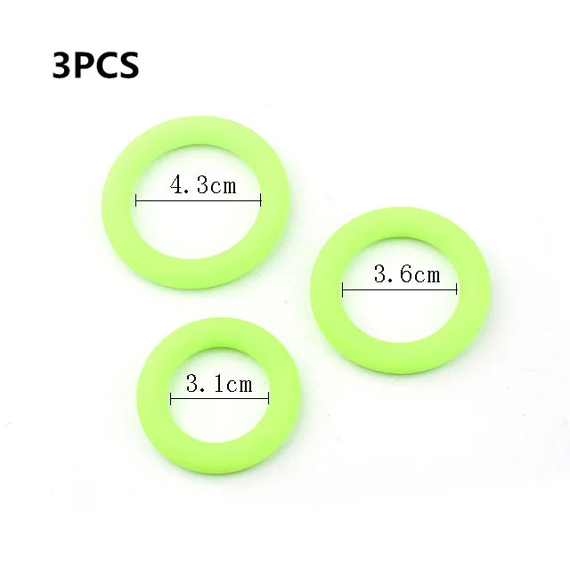 The lime green cock ring dimensions including internal diameters of 3.1 cm for small, 3.6 cm to medium, and 4.3 cm for large