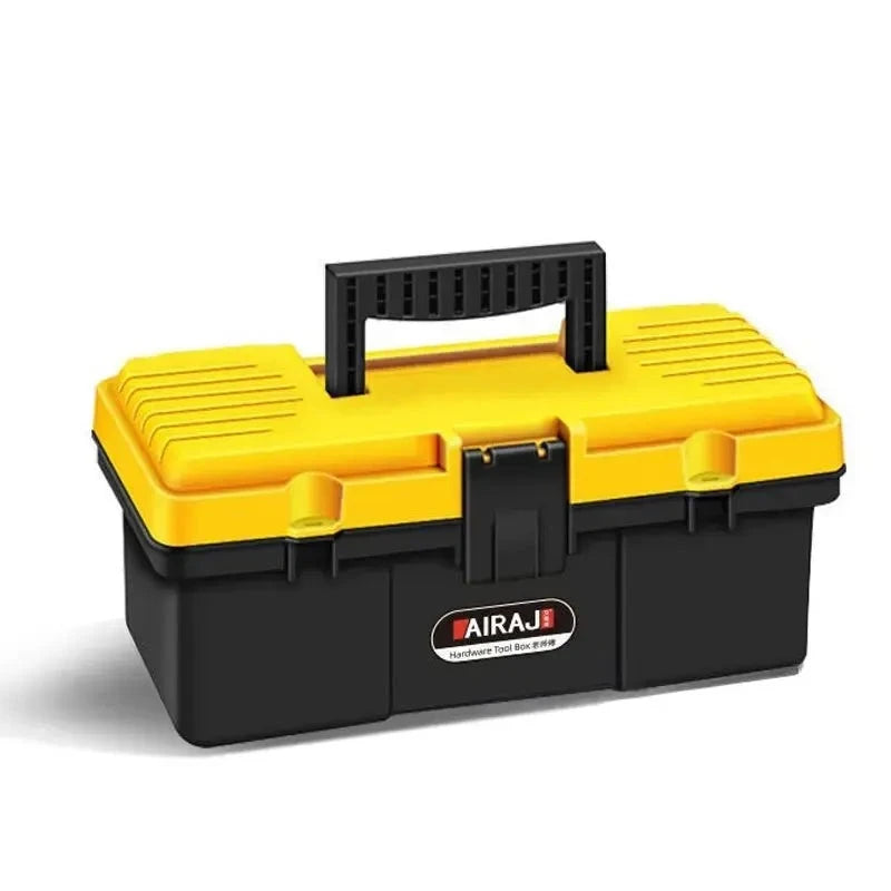 A lockable storage box with a yellow lid and black handle, with a black case and black latch on a white background