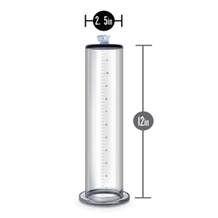 This image shows a long straight clear acrylic penis pump spare part with an inch-increment ruler imprinted on the side and a female valve connector on top measuring 12 inches by 2.5 inches