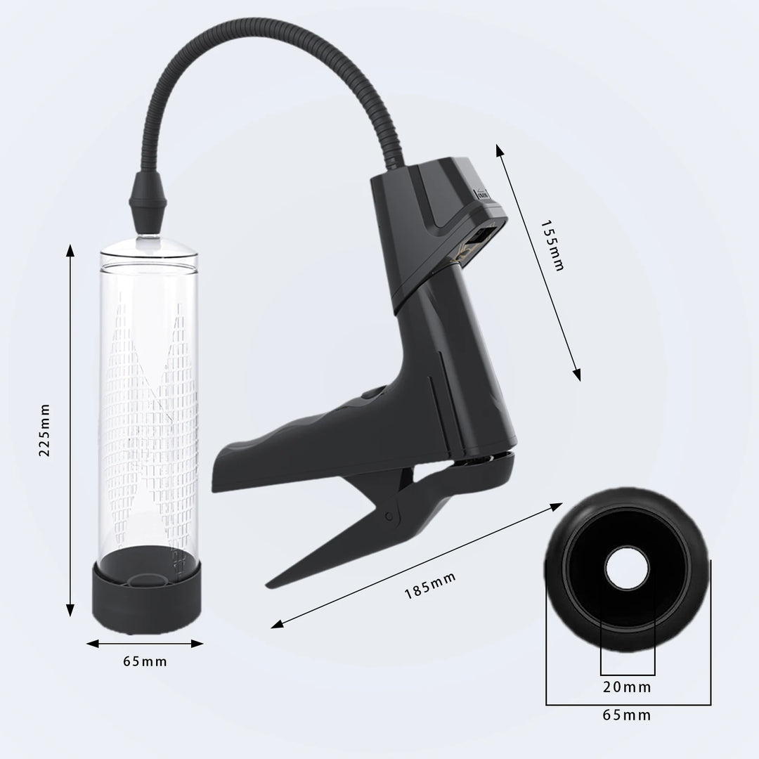 An image showing the measurements of the starter manual-trigger penis pump with digital pressure gauge. The cylinder measures 225 mm long and 65 mm in diameter