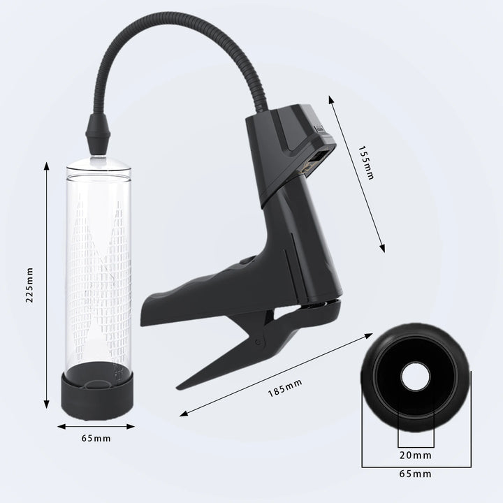 An image showing the measurements of the starter manual-trigger penis pump with digital pressure gauge. The cylinder measures 225 mm long and 65 mm in diameter