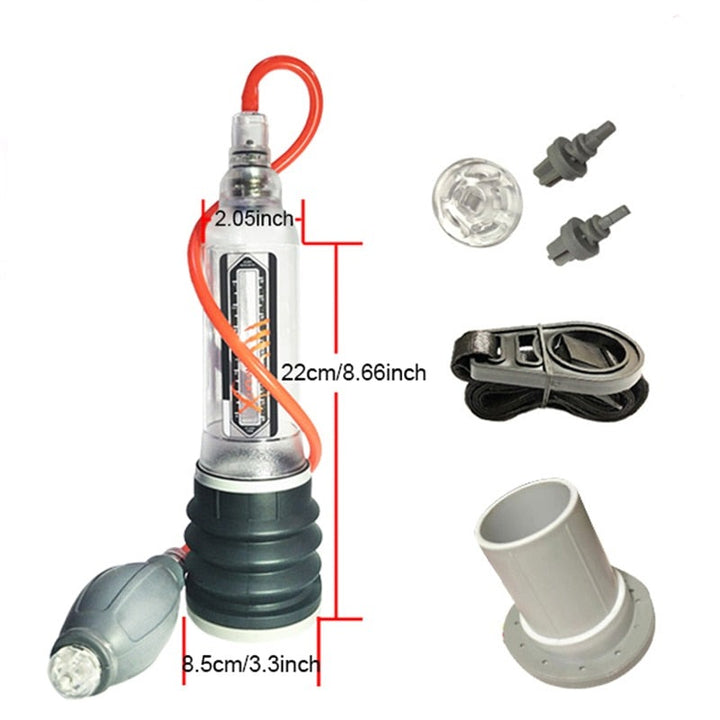 Medium water penis pump with measurements and package components