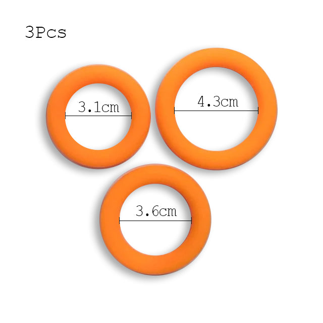 This image shows the dimensions of 3.1 cm small, 3.6 cm medium, and 4.3 cm large orange cock rings