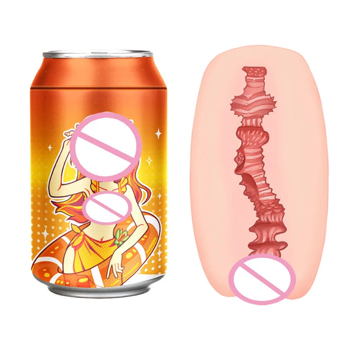 Orange can with a stylized female anime character in a bathing suit and with a life saver around her body. On the right side is a pink fleshy sleeve that depicts the inside pleasure chamber of the device and shows a narrow canal with ridges and textures.