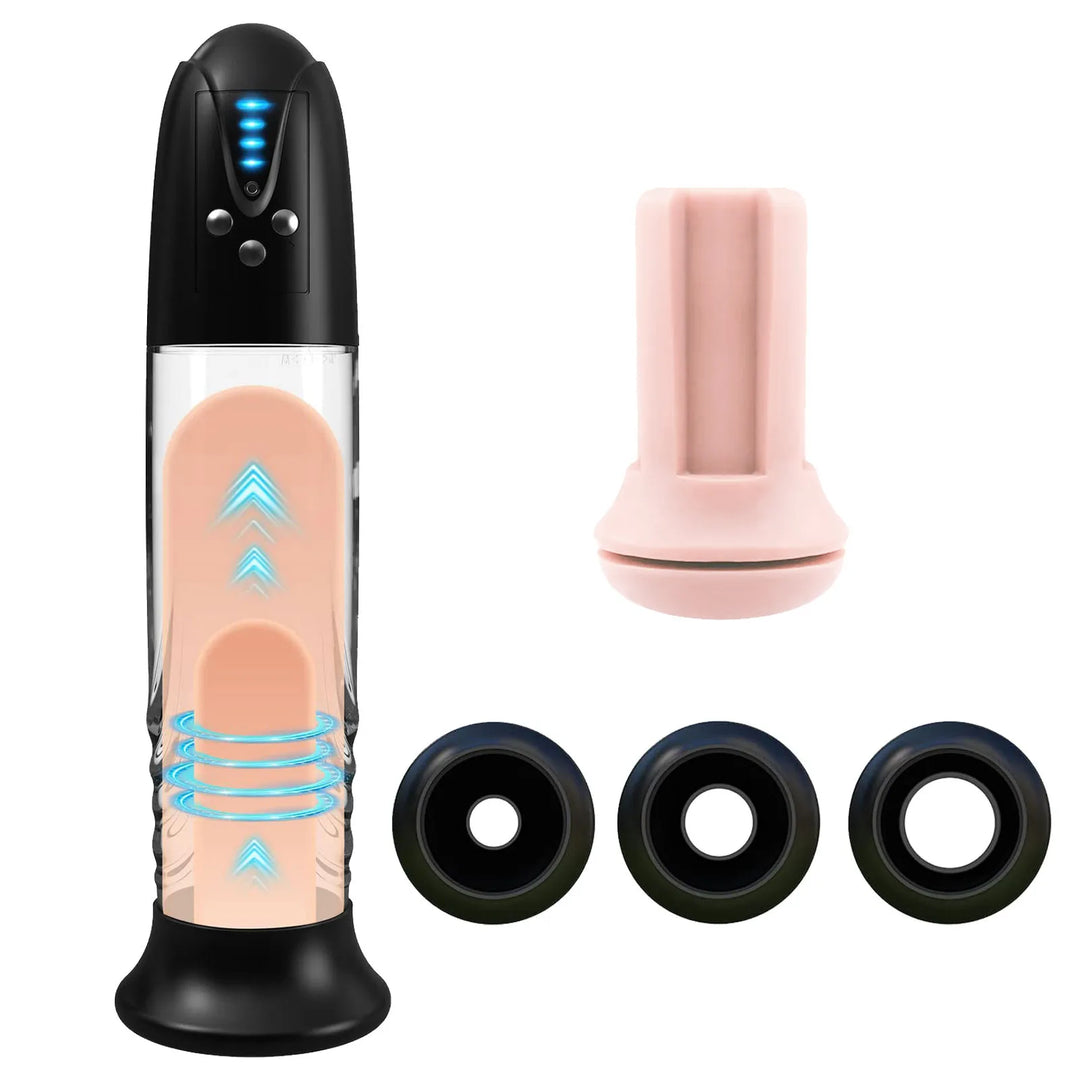 This image shows the electric air penis pump series C including a black and clear vacuum pump, a pink pleasure sleeve, and three black silicone sleeves of different sizes
