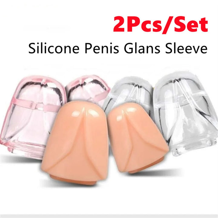 Silicone penis glans sleeves in various colors of translucent pink, clear, and flesh with text indicating set size of two (2) pieces per set on a white background.