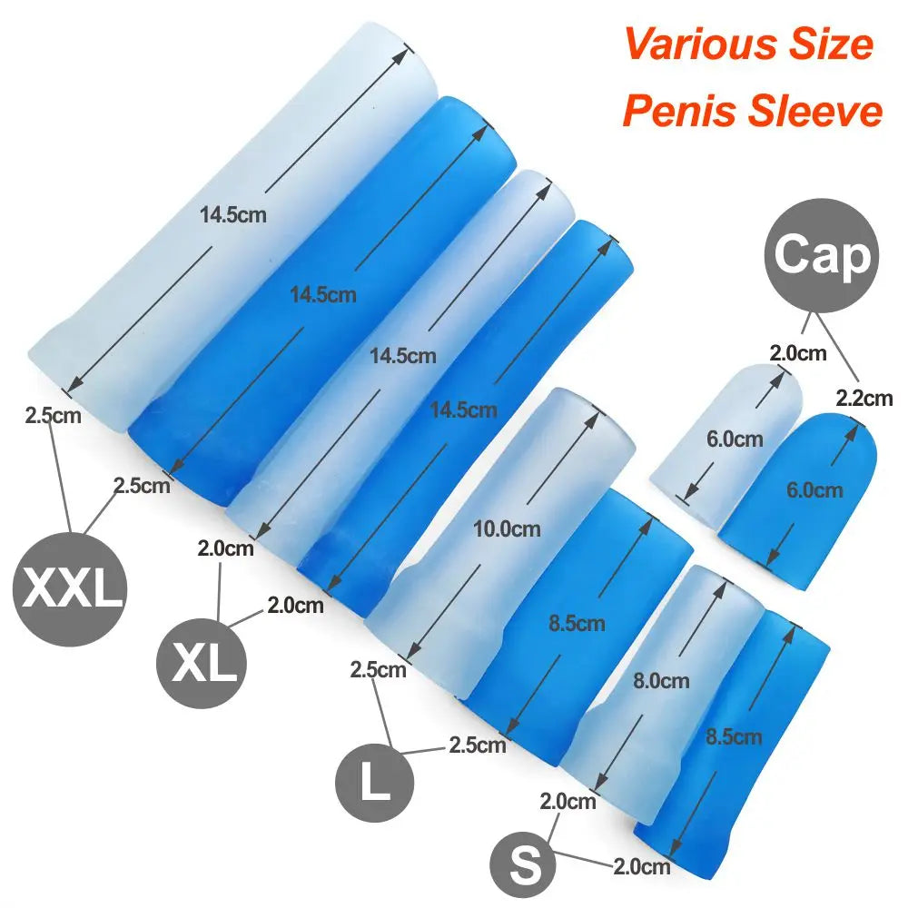 The image shows a variety of sizes for penis sleeves, with measurements and designations clearly labeled from small (S) to extra extra large (XXL). The main colors are blue and transparent.
