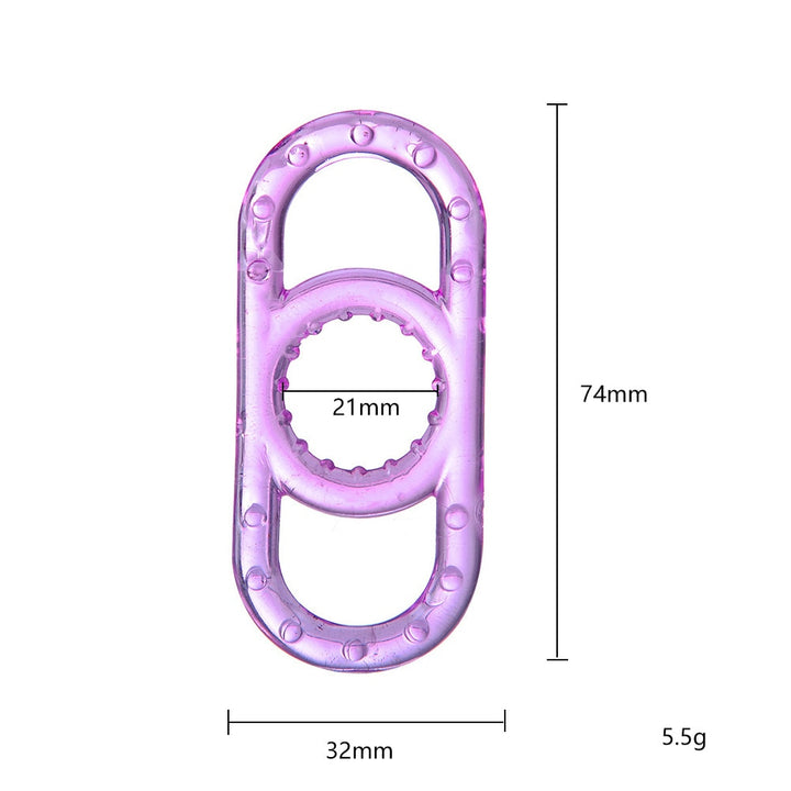 A pink translucent cock ring with pullable side handles with dimensions like the length of 74 mm, width of 32 mm, internal diameter of 21 mm, and weight of 5.5 grams
