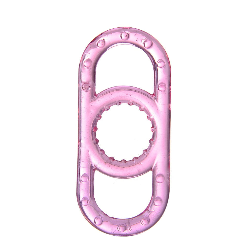 A pink translucent cock ring with pullable side handles made of silicone