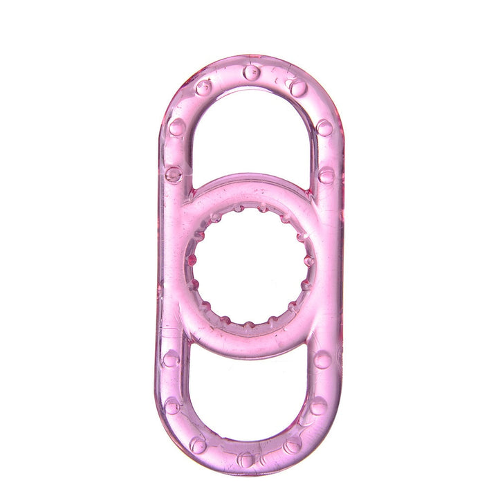 A pink translucent cock ring with pullable side handles made of silicone