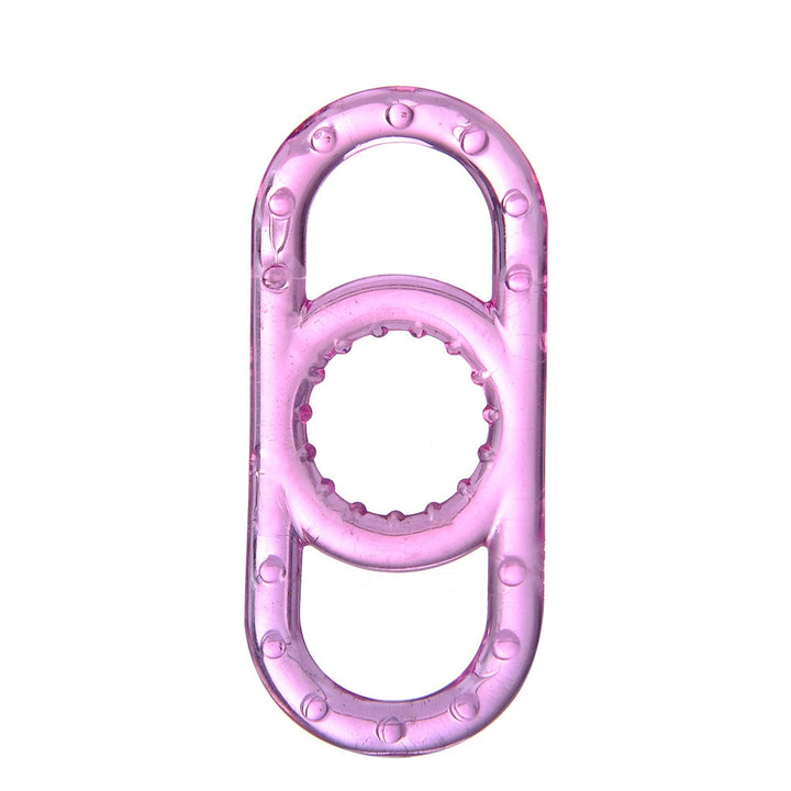 A pink translucent cock ring with pullable side handles made of silicone material