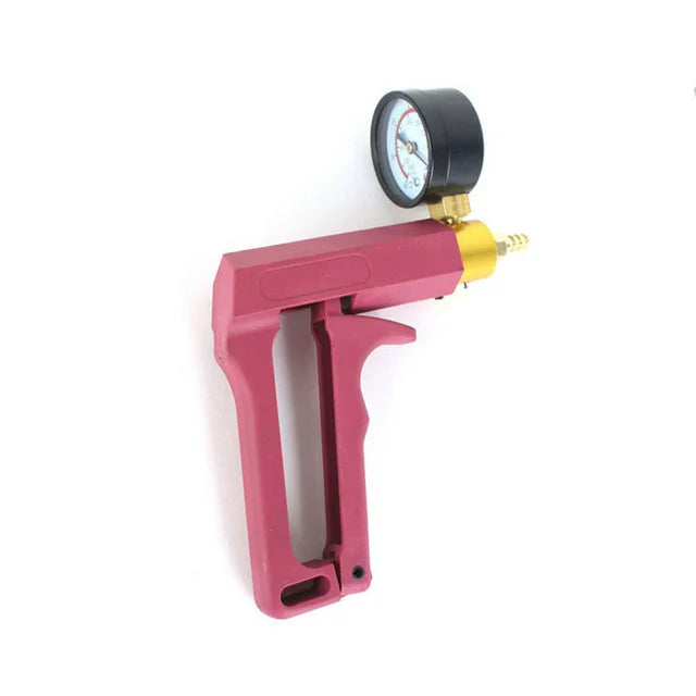 This image shows a pink-colored ergonomic manual squeeze-trigger hand pump for penis enlargement