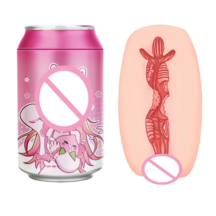 Pink Shibari 7 male masturbator can with cartoon character on the front, and the inside of the can showing the sleeve and inner pleasure canal with its specific textures, shape, and ridges.