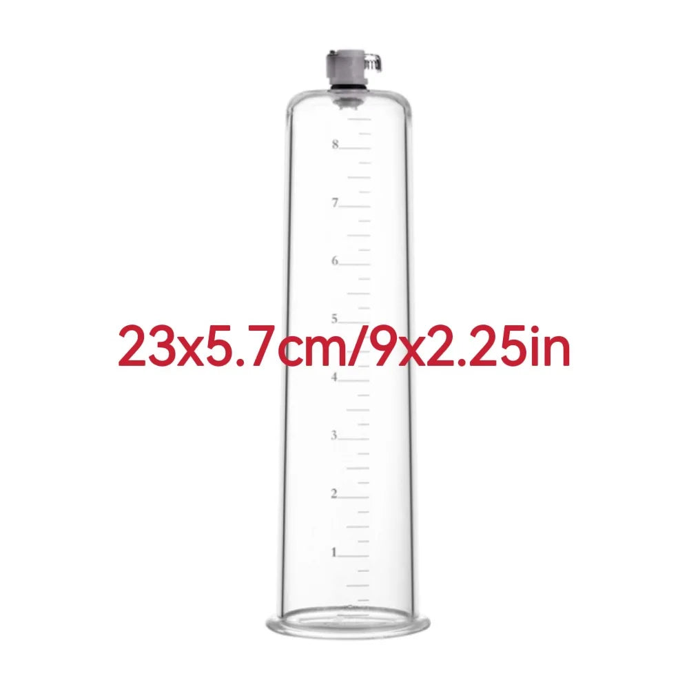 Image of a narrowing penis pump cylinder with measurements of 9 inches in length and 2.25 inches in diameter