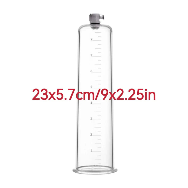 Image of a narrowing penis pump cylinder with measurements of 9 inches in length and 2.25 inches in diameter