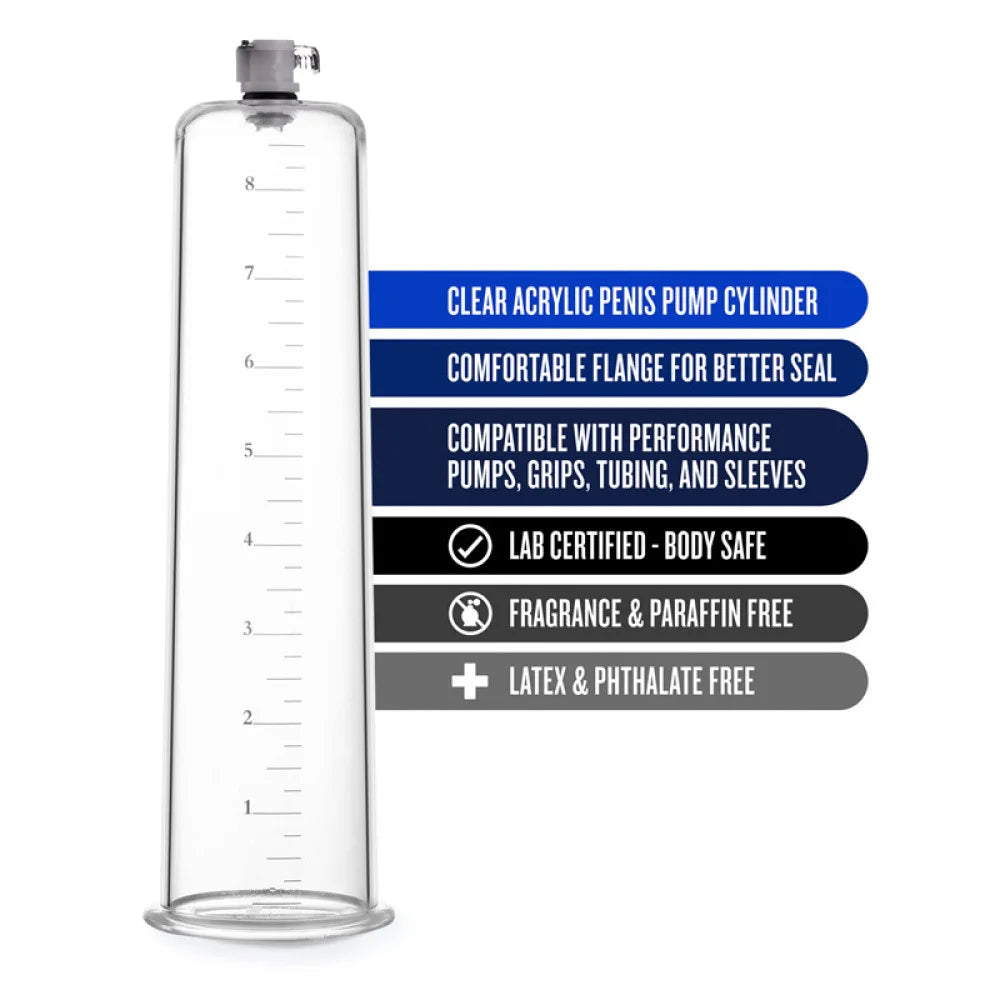 An image showing a clear penis pump cylinder and labels of its benefits including comfort, compatibility with other devices, safe materials