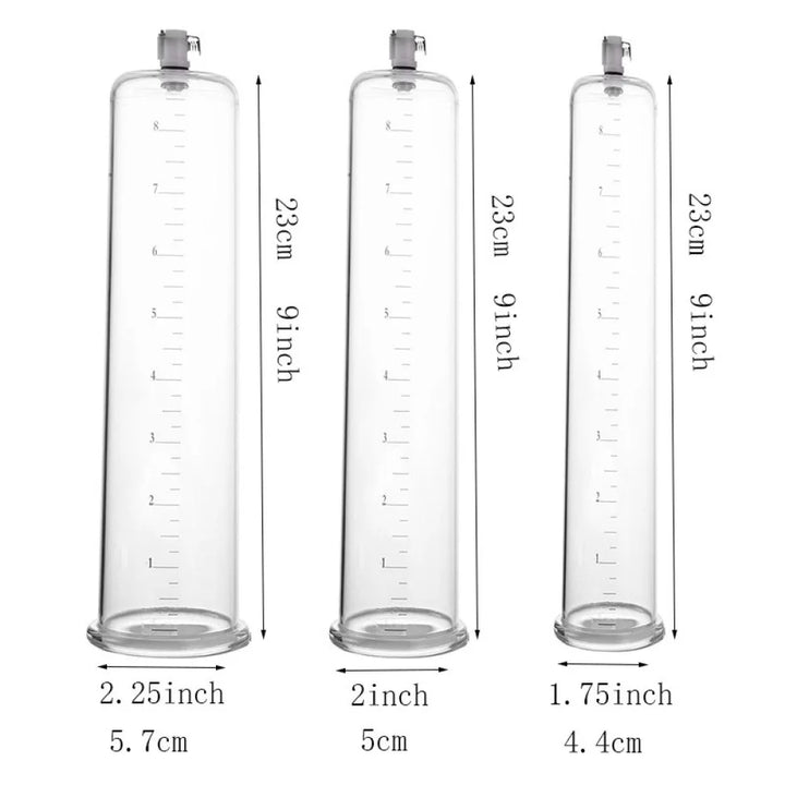 An image of three contouring penis pumps all with the same length of 9" inches but varying diameters of 2.25 inches, 2 inches, and 1.75 inches
