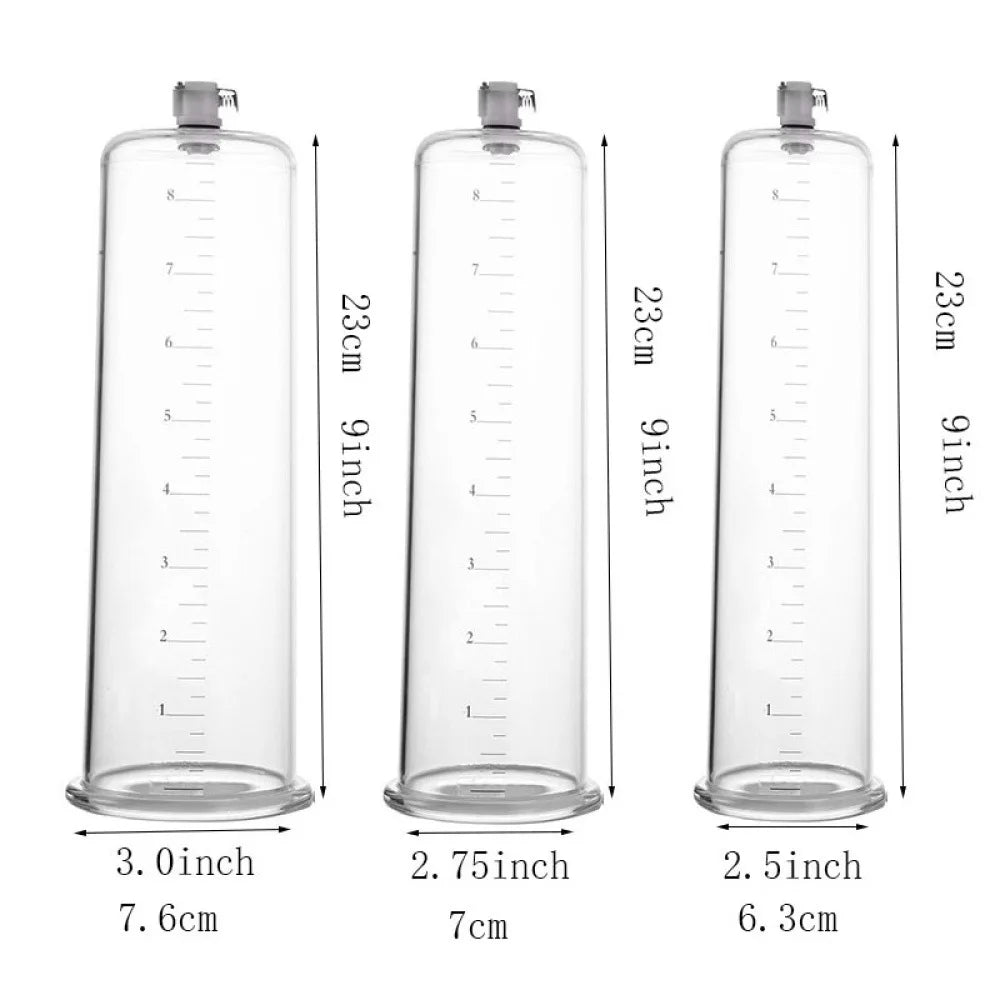 An image of three premium air contouring penis pump cylinders, all with the same length of 9" inches, and varying wide diameters of 3 inches, 2.75 inches, and 2.5 inches.