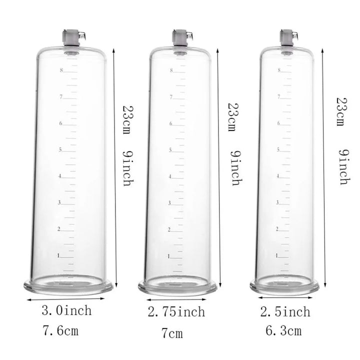 An image of three premium air contouring penis pump cylinders, all with the same length of 9" inches, and varying wide diameters of 3 inches, 2.75 inches, and 2.5 inches.