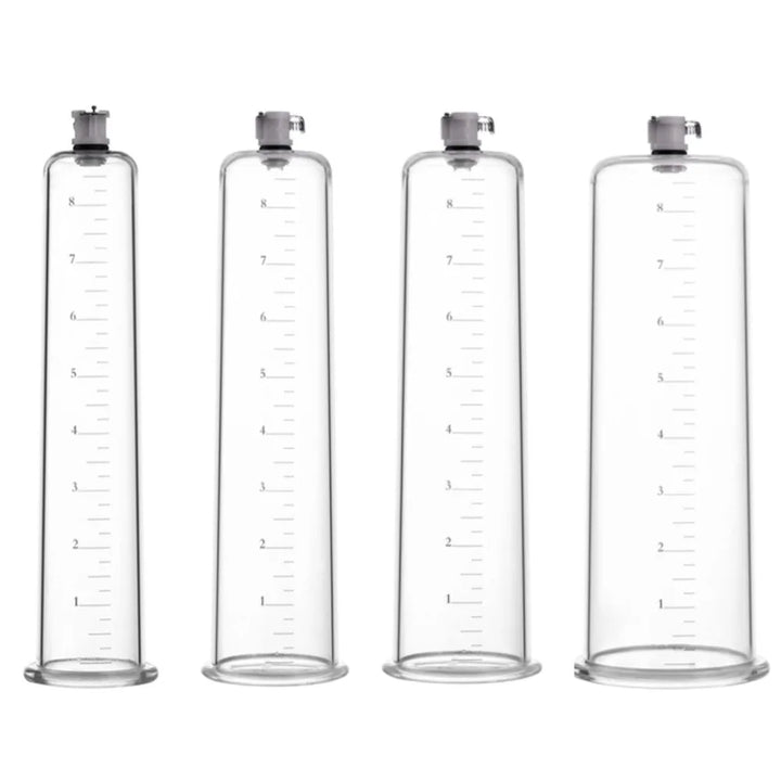A set of four clear contouring acrylic penis pump cylinders with ruler markings, each having a different diameter.