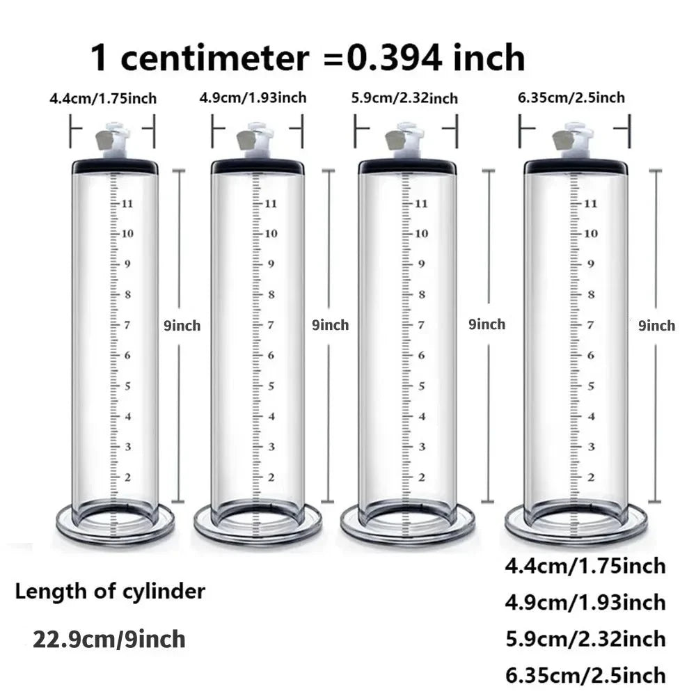 An image showing four cylinders, all measuring 9" inches in length and varying diameters including 1.75", 1.93", 2.32", and 2.5" inches