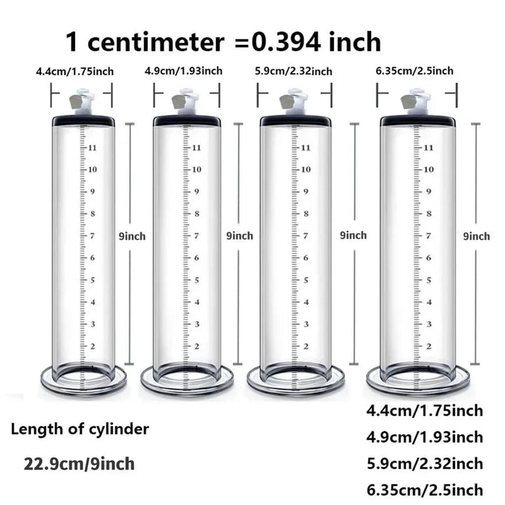 An image showing four cylinders, all measuring 9" inches in length and varying diameters including 1.75", 1.93", 2.32", and 2.5" inches