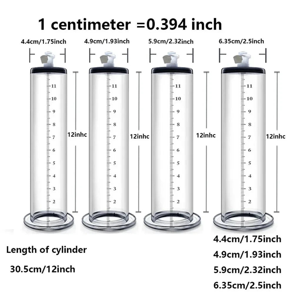An image showing four large 12" inch length cylinders with varying diameters including 1.75", 1.93", 2.32", and 2.5" inches