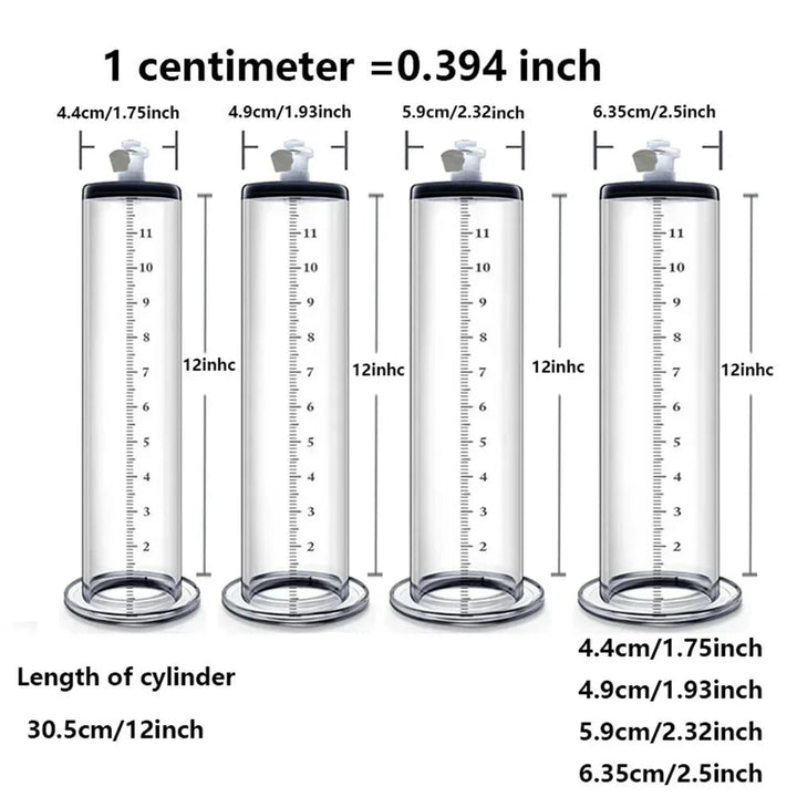 An image showing four large 12" inch length cylinders with varying diameters including 1.75", 1.93", 2.32", and 2.5" inches