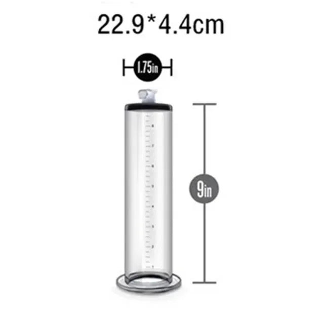 An image of a 9" inch length and 1.75" diameter straight penis pump cylinder