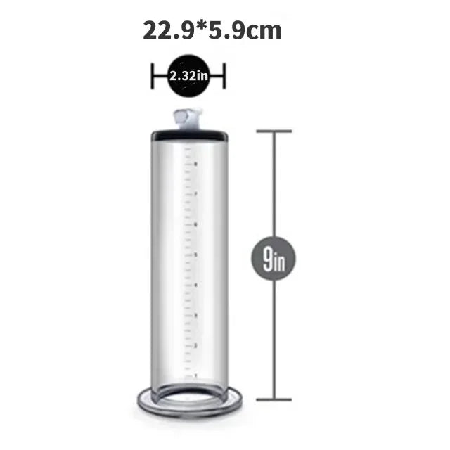 An image of a 9" inch length and 2.32" inch diameter penis pump cylinder
