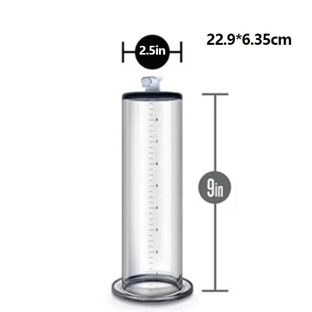 An image of a 9" inch length and 2.5" inch diameter penis pump cylinder