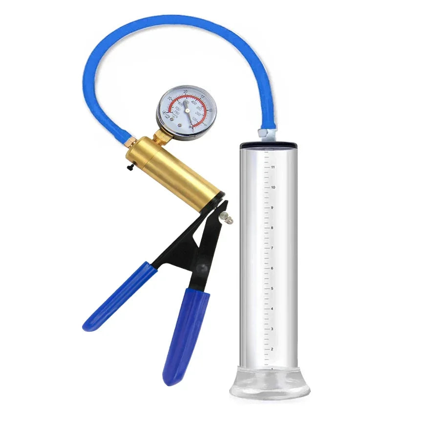 A product image of the premium high performance manual air penis pump comprising a clear acrylic cylinder with a ruler-imprinted design, a blue hose, and a pistol-trigger copper hand pump with an analogue pressure dial