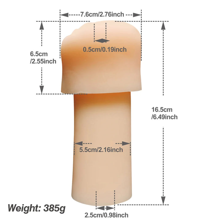 An image showing the dimensions of the premium pleasure penis pump sleeve measuring 6.49" inches in length, 0.19" inches in hole opening diameter, and 2.76" inches in width