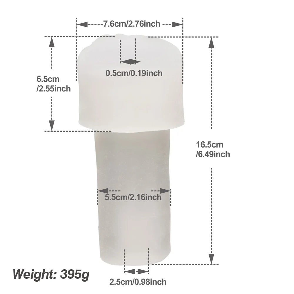 An image showing a clear pleasure penis pump sleeve with dimensions including a weight of 0.87 pounds