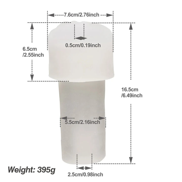 An image showing a clear pleasure penis pump sleeve with dimensions including a weight of 0.87 pounds