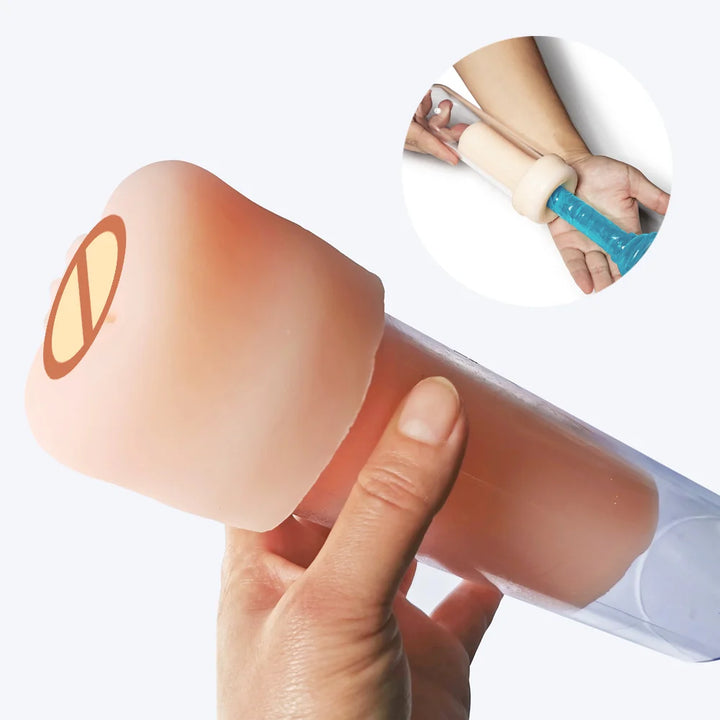 A photo showing two different graphics of the pleasure sleeve being attached to the cylinder. The first shows the man inserting a dildo fake blue penis into it, and the second shows a man simply holding the cylinder with attached pleasure sleeve.