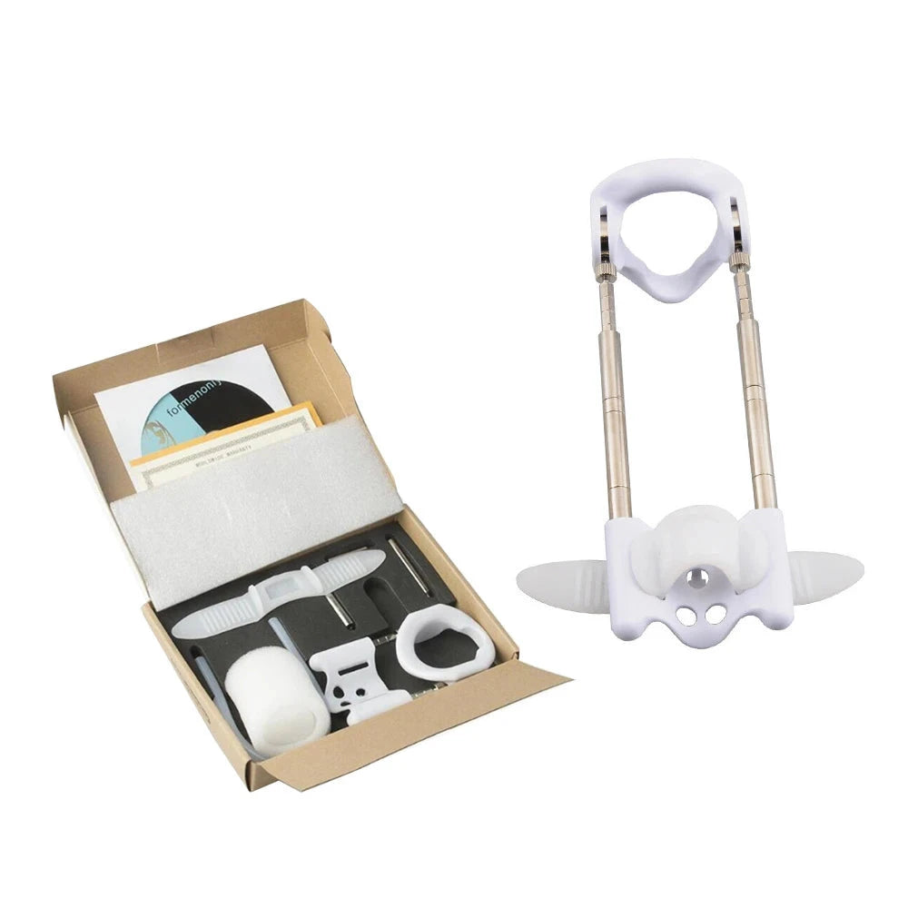 The image shows a ProStretch Noose-Style Penis Extender with its components laid out next to the packaging box. The device includes a sturdy base that goes around the penis, brass metal pole rods that can increase the length of the extender, and various sized metal rods for tension adjustment. There's also a cd and user manual.