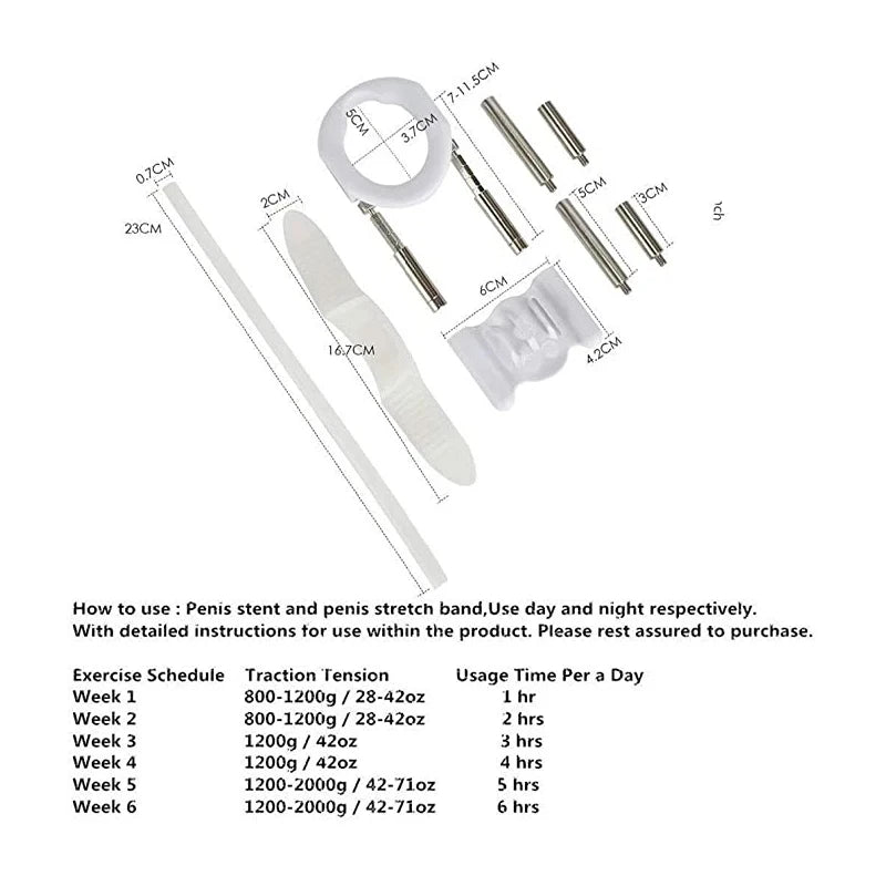 The included components in the ProStretch Noose-Style penis extender comprising metal rods, a base, a top plate, a band holder, and a noose holder.