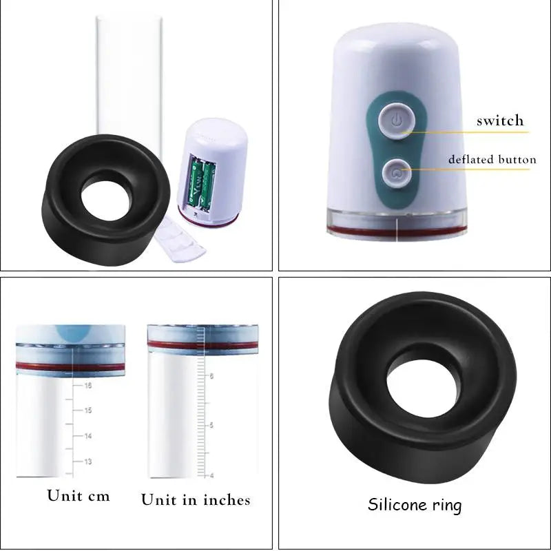 This photo shows four images of the electric air penis pump series g, including the battery location, control panel button instructions, ruler on cylinder, and included silicone ring