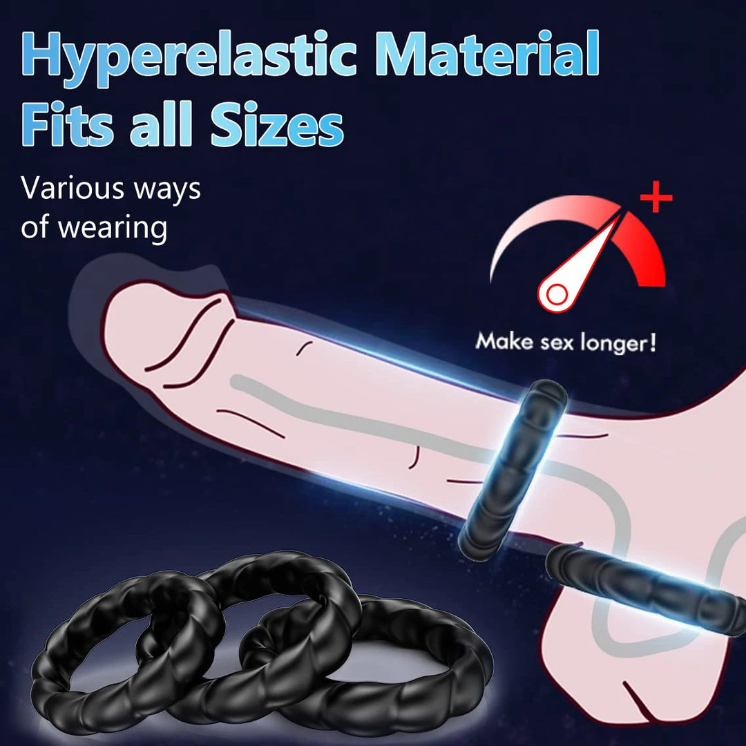 A graphic image showing a penis with the braided cock ring attached around the scrotum and the base of the penis for longer duration during sex.