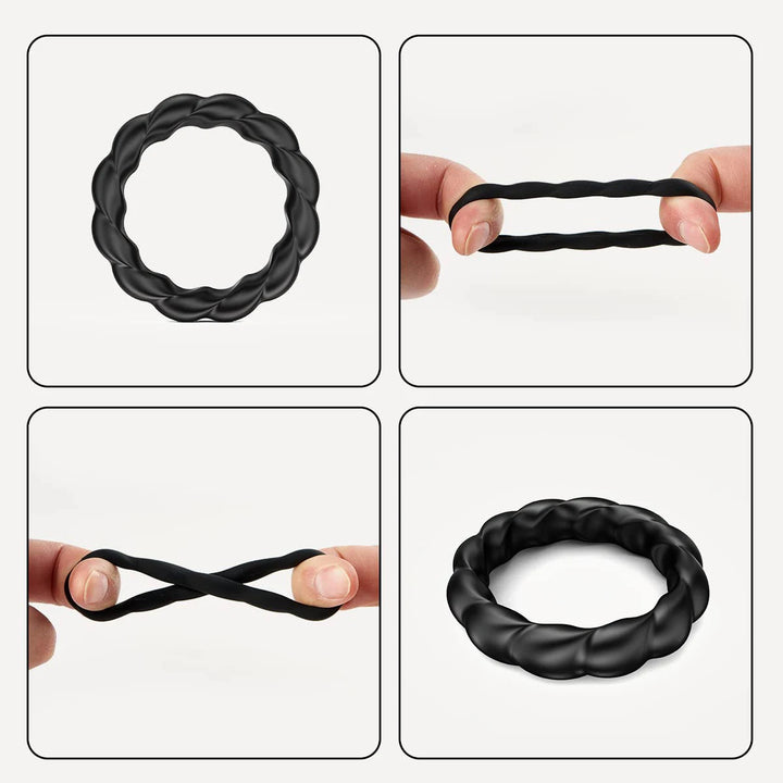 Graphic image showing different features and properties of the braided cock ring including its elasticity
